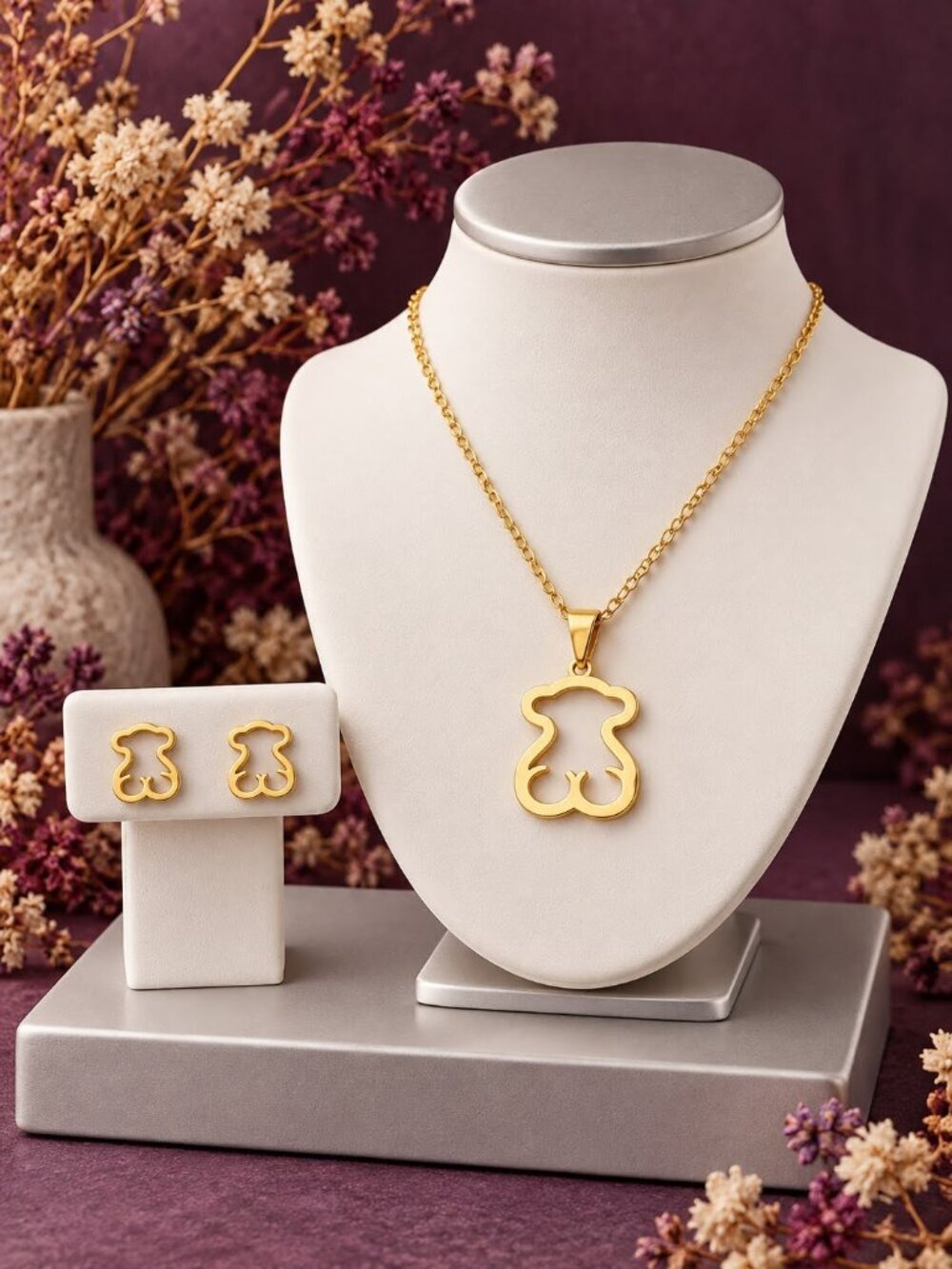Teddy Bear Necklace Earring Jewelry Set 18K Gold Plated Cutout Dainty Coquette